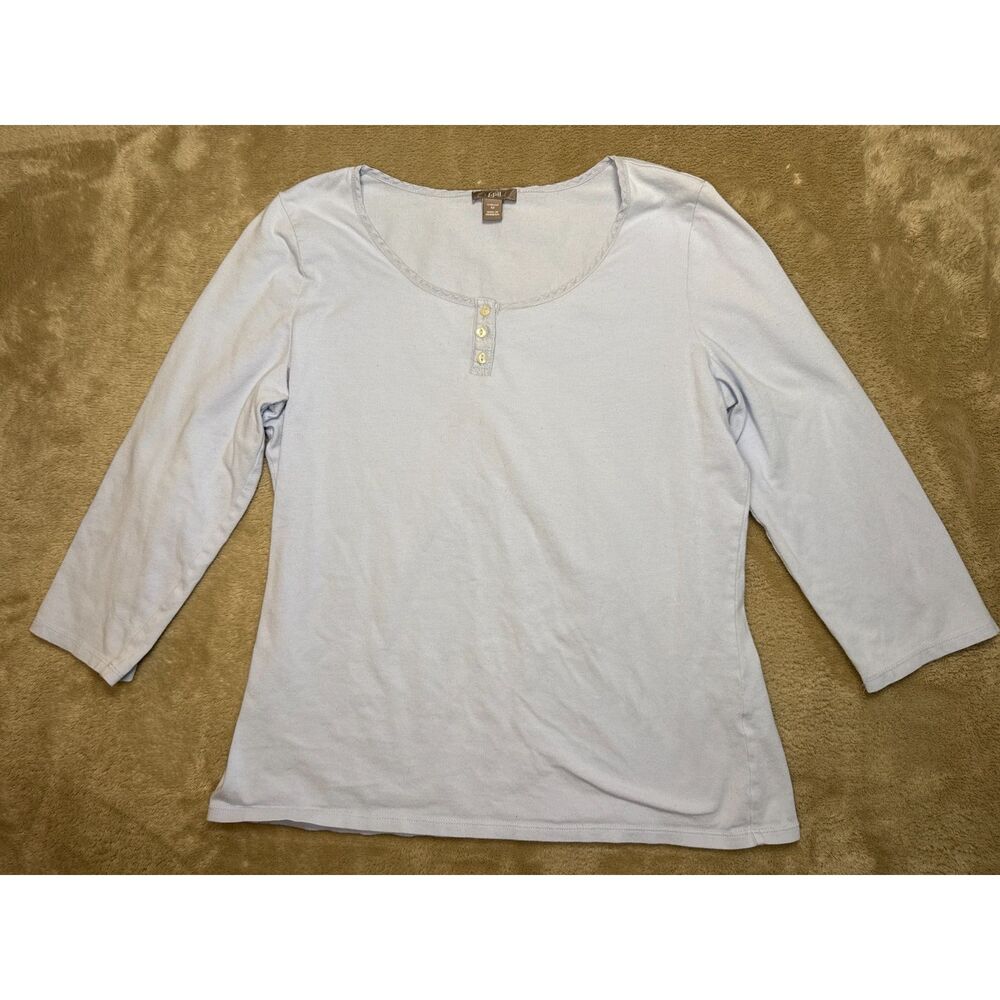 J. Jill Scoop Neck Henley 3/4 Sleeve Shirt Light Blue Womens Medium